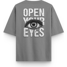 Overoz Open Your Eyes Göz Sırt Baskılı Yarı Oversize Unisex Gri Tshirt 1394
