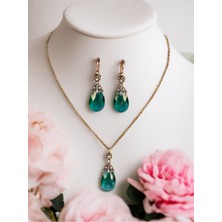 Fayra Accessories Kristal Taşlı Büyük Kedi Gözü Küpe ve Kolye Seti