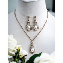 Fayra Accessories Kristal Taşlı Antik Bronz Su Damlası Kolye ve Küpe Seti