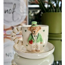 Nof El Yapımı Seramik Gerçek 24K Altın Dekorlu Teddy Damat Türk Kahvesi Fincanı