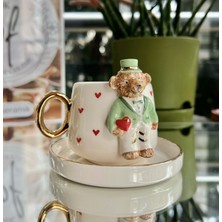 El Yapımı Seramik Gerçek 24K Altın Dekorlu Damat Teddy Türk Kahvesi Fincanı
