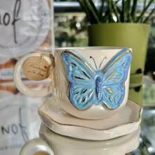 Nof El Yapımı Seramik Gerçek 24K Altın Dekorlu Mavi Kelebek Kupa