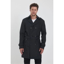 Trend Kombin Erkek Siyah Kruvaze Yaka Kemer Detaylı Slim Fit Trençkot