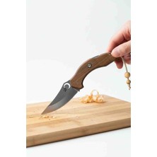 Mertcan Knife Paslanmaz Çelik Ay Yıldız Işlemeli Katlanabilir Çakı - Ahşap Saplı Kamp ve Av Bıçağı - Pati Detaylı kamp bıçağı