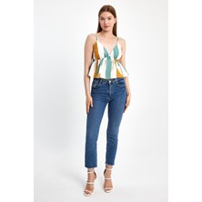 İhraç Pazarı Kadın Boyuna Çizgili Ayarlanabilir Askılı Pamuklu Crop Üst