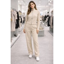 İnce Moda Giyim Premium Soft Touch Kadın Bol Paça Eşofman Altı (Bej & Gri)