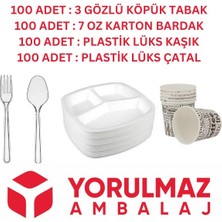 Yorulmaz Ambalaj 100 Kişilik Kullan At Toplu Yemek Seti 3 Gözlü Köpük Tabak, Çatal, Kaşık, Karton Bardak