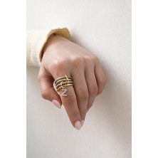 14K Çelik Üzeri Altın Kaplama 4 Sıralı Gold Gümüş Harfli Sipiral Yüzük 16(8) Numara