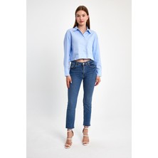 İhraç Pazarı Kadın Mavi Cepli Pamuk Polyester Crop Gömlek Şık Günlük Yazlık Gömlek