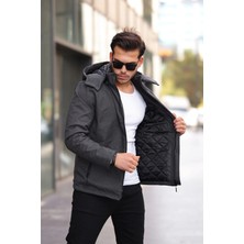 İnce Moda Giyim Erkek Antrasit Kapüşonlu Kapitone Astarlı Kışlık Mont