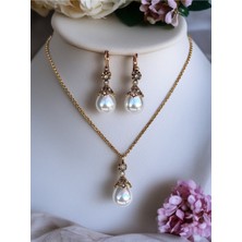 Fayra Accessories Kristal Taşlı Inci Kolye ve Inci Küpe Seti