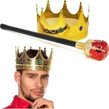 K-Yonlineticaret Altın Renk 60 cm Kral Tacı Kraliyet Tacı ve Kırmızı Topuzlu Kral Asası Seti