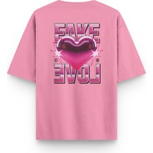Overoz Fake Love Sırt Baskılı Yarı Oversize Pembe Tshirt 1404