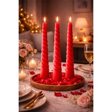 Odesia Premium Spiral Şamdan Mum Seti – El Yapımı Kırmızı Dekoratif Ince Uzun Mum (3’lü Set)