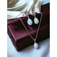 Fayra Accessories Zirkon Taşlı Mayorka Inci Kolye ve Mayorka Inci Küpe Seti