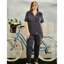 Pijamoni Milan Gömlek Yaka Önden Düğmeli Battal Beden Kısa Kollu Pijama Takımı 7560