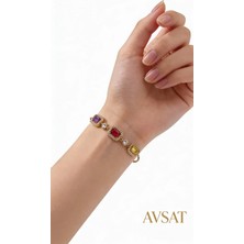 Melike Steel Zirkon Taşlı 3 Renkli Kare Paslanmaz Çelik Kadın Bileklik