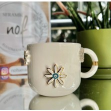 Nof El Yapımı Seramik Gerçek 24K Altın Dekorlu Papatyalı Kupa