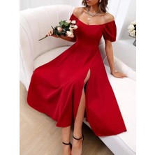 Kadın Kısa Kollu Kare Yakalı Yırtmaçlı Midi Janjan Krep Elbise