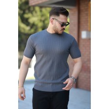 Erkek Bisiklet Yaka Örgü Desenli Kısa Örme Triko Kısa Kollu T-Shirt