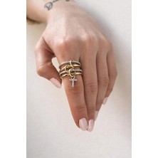 14K Çelik Üzeri Altın Kaplama 4 Sıralı Gold Gümüş Harfli Sipiral Yüzük 16(8) Numara