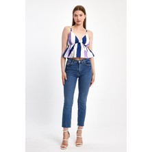 İhraç Pazarı Kadın Boyuna Çizgili Ayarlanabilir Askılı Pamuklu Crop Üst