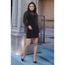 Kadın Balıkçı Yaka Transparan Detay Fırsat Ürün Sandy Kumaş Mini Elbise