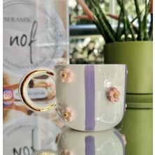 Nof El Yapımı Seramik Gerçek 24k Altın Dekorlu Mor Çizgili Kupa