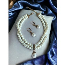 Fayra Accessories Kristal Taşlı Inci Tasma Kolye ve Inci Küpe Seti
