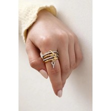 14K Çelik Üzeri Altın Kaplama 4 Sıralı Gold Gümüş Harfli Sipiral Yüzük 16(8) Numara