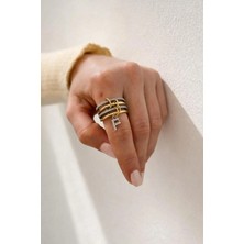 14K Çelik Üzeri Altın Kaplama 4 Sıralı Gold Gümüş Harfli Sipiral Yüzük 16(8) Numara