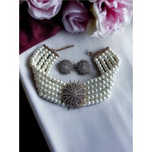Fayra Accessories Kristal Taşlı Kestane Figür Inci Kolye ve Küpe Seti