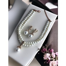 Fayra Accessories Kristal Taşlı Mayorka Inci Sallantılı Tasma Inci Kolye ve Mayorka Inci Küpe