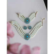Fayra Accessories Turkuaz Taşlı Dandelion Inci Kolye Inci Bileklik ve Küpe Seti