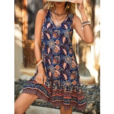 Kadın Askılı V Yakalı Fırfırlı Desenli Süprem Kısa Elbise