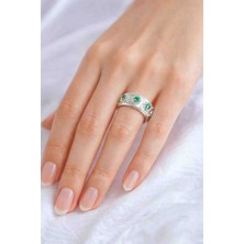 Reborn Design Yeşil Taşlı Gümüş Renk Vintage Yüzük