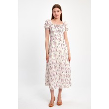 İhraç Pazarı Kadın Çiçek Desenli Yaka Bağcıklı Uzun Elbise Viskon Midi Yazlık Elbise