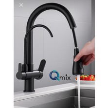 Qmix Siyah Lüx Model Arıtmalı Spiralli Mutfak Eviye Bataryası Pirinç Gövde