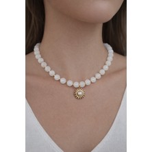 Doğal Taş Beyaz Kuvars Güneş Uçlu Altın Kaplama Detaylı Özel Tasarım