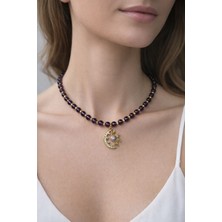 Mor Kuvars Taşı Güneş Kolye, Altın Kaplama Doğal Taş Kolye