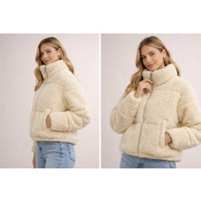 İnce Moda Giyim Kadın Peluş Şişme Mont – Fermuarlı Yumuşak Dokulu Kaban