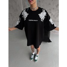 Giyim Center Kadın Flok Kabartma Baskılı T-Shirt - Siyah
