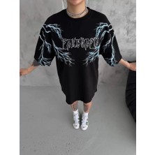 Etiler Collection Unisex Bisiklet Yaka Baskılı Oversize T-Shirt - Siyah