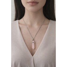 Doğal Taş Pembe Kuvars Altıgen Kesim Kolye, Altıgen Kolye - Paslanmaz Çelik Gümüş Renk Burgu Zincir