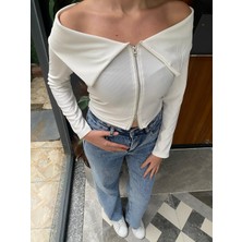 Lustrin Kayık Yaka Çift Fermuarlı Bluz