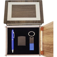 Uslucan Alışveriş Özel Ahşap Kutulu Lacivert Kalem Anahtarlık ve Çakmak Set