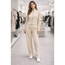 İnce Moda Giyim Soft Touch Bej Fermuarlı Eşofman Takımı