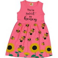 Akku Yeşil Arı & Ayçiçeği Desenli Kız Çocuk Elbise