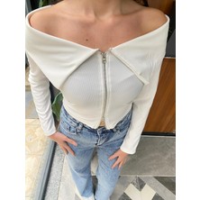 Lustrin Kayık Yaka Çift Fermuarlı Bluz