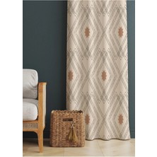 Alamodecor Çizgili Krem ve Sütlü Kahve Rengi Etnik Desenli Baskılı Fon Perde (Tek Kanat)